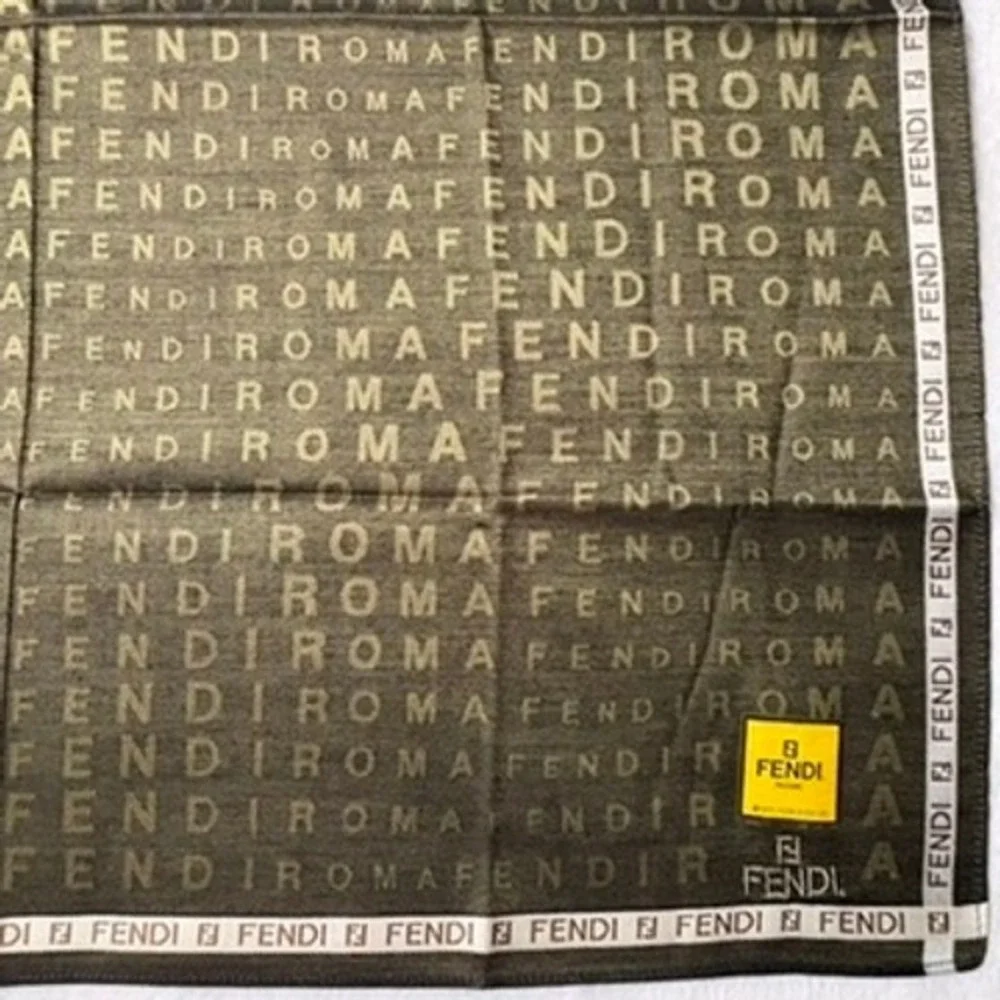 Vtg FENDI Scarf Handkerchief Monogram Olive Green Brown 19.5